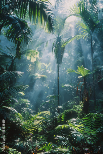 Lush Tropical Rainforest with Sunlight Filtering Through Tall Palm Trees and Dense Green Foliage  Creating a Serene and Mystical Atmosphere