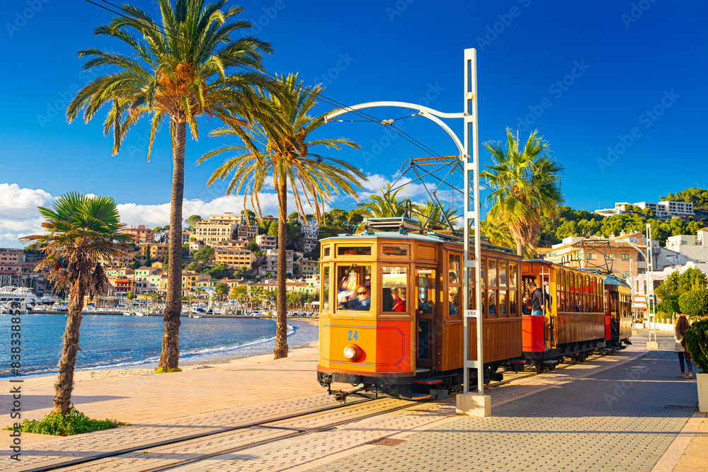 The famous orange tram runs from Soller to Port de Soller, Mallorca, Spain