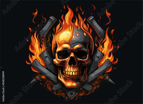 Biker vector t-shirt design with human skull
and fire on black background.
Fashionable print for fabric, paper, men clothing,
hoodie, biker jacket. T shirt template with flame.