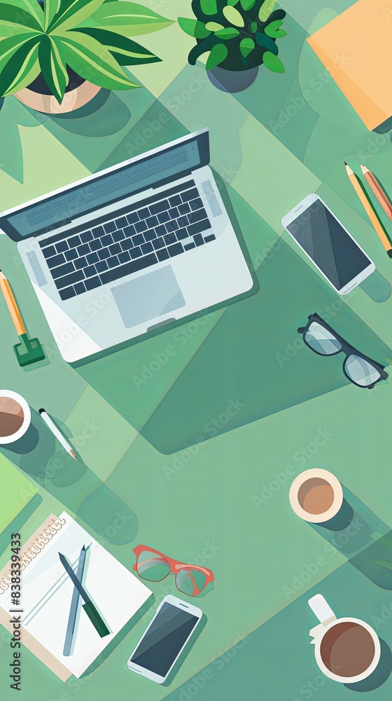 Green office culture flat design top view environmental awareness theme water color colored pastel Green office culture flat design top view environmental awareness theme water color colored pastel