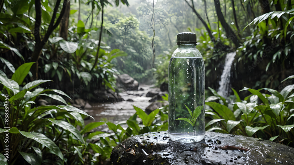 Typical plastic water bottles on the side of a hotel resort swimming pool. Nature on simulated rocks with wet cold drops background is a wide banner. Typical plastic water bottles on the side of a hotel resort swimming pool. Nature on simulated rocks with wet cold drops background is a wide banner.