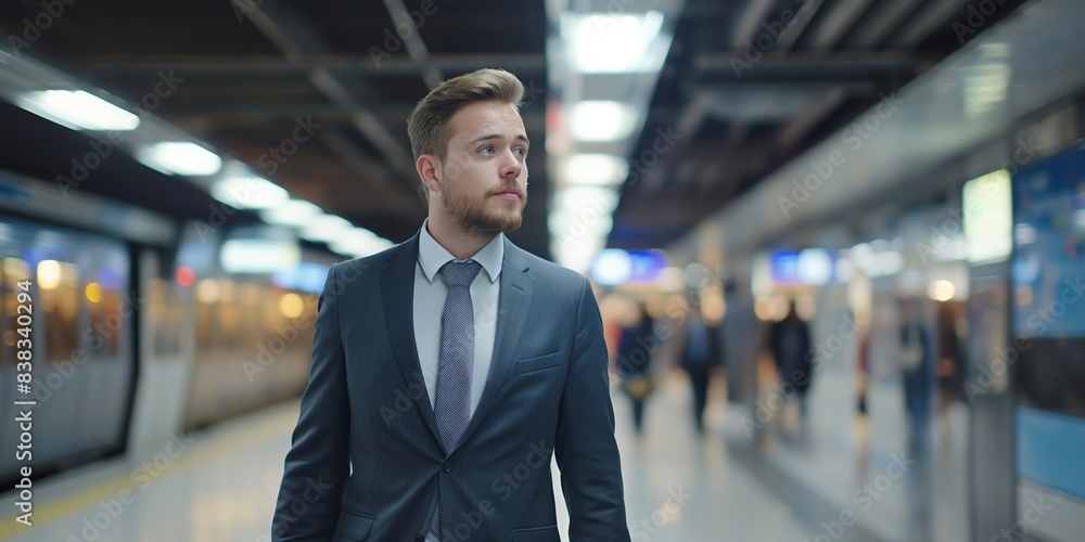 A modern businessman, elegantly dressed in a suit, confidently walking through an underground station. A modern businessman, elegantly dressed in a suit, confidently walking through an underground station.