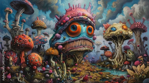Enchanted Realm of Surreal Fantasies - Vibrant 2D Pop Art with Whimsical Creatures and Psychedelic Twists