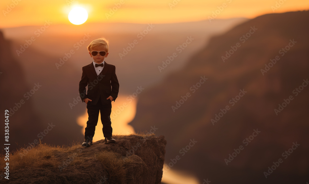 Little boy in a suit and sunglasses standing confidently on a cliff at sunset, symbolizing ambition and determination Little boy in a suit and sunglasses standing confidently on a cliff at sunset, symbolizing ambition and determination