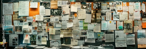 A crowded bulletin board in a Czech office filled with papers, announcements, and photographs