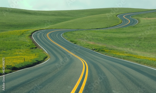 Curving road winding through green hills and fields, symbolizing journey, adventure, and scenic travel