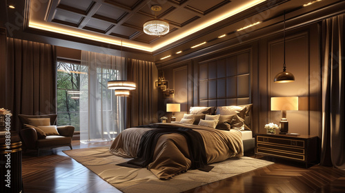 Elegant bedroom with coffered ceiling and pendant lighting © Ammar