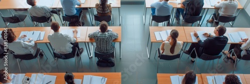 A corporate trainer leads a workshop for employees in a classroom setting. The group of people are seated at desks, listening intently to the trainers presentation