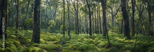 A photograph of a dense forest in Australia with tall trees and lush ferns covering the forest floor. Sunlight filters through the canopy  illuminating the green foliage