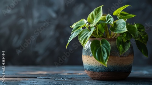 Lush and verdant philodendron leaves in a beautifully handcrafted ceramic pot,creating a stunning display of natural elegance and artisanal charm for chic indoor decor and plant styling.