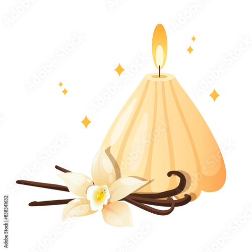 Vector illustration of aroma vanilla candle with vanilla flower and dried pods isolated on white background.
