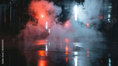 night street with white smoke and traffic light lights