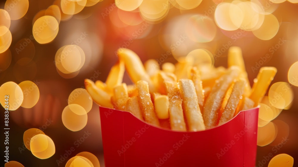 Crispy golden French fries in a red container, with bokeh lights in the background, creating a festive and appetizing look. Crispy golden French fries in a red container, with bokeh lights in the background, creating a festive and appetizing look.