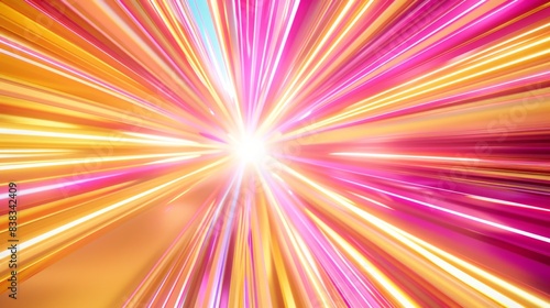 Blonde yellow, beige, and candy pink light streaks converge in a sci-fi warp speed effect, creating a bright central point.