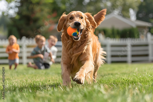 A friendly golden retriever playing fetch with happy family in sunlit backyard. Dog is running with ball in mouth, children laughing, scene is brightly lit, neutral green lawn and white fence.