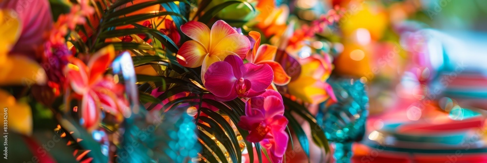 A close-up view of a colorful floral centerpiece featuring pink orchids, yellow and orange flowers, and lush green leaves, set on a table for a themed party