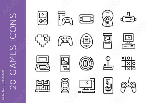 Game icons. Set of 20 game trendy minimal icons. Handheld Console, VR Headset, Arcade Machine, Desktop Computer icon. Design signs for web page, mobile app, packaging design. Vector illustration.