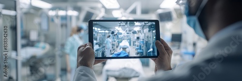 A medical professional uses a tablet to view an augmented reality simulation of a surgical procedure in a blurred clinic room background photo