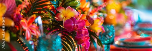 A close-up view of a colorful floral centerpiece featuring pink orchids  yellow and orange flowers  and lush green leaves  set on a table for a themed party