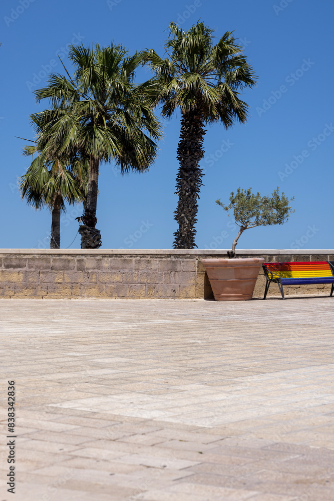 Fort of Sant'Antonio (Fortino Sant' Antonio) with a bench in a six-colored rainbow representing the LGBT community, Bari, Italy