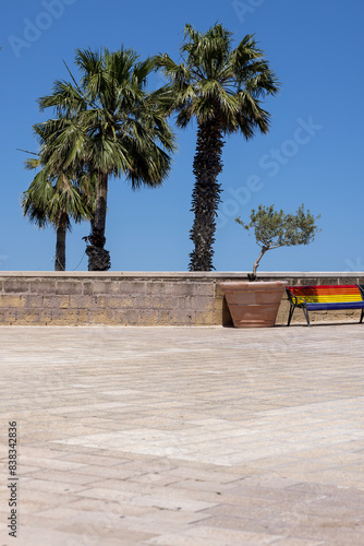 Obraz na płótnie Fort of Sant'Antonio (Fortino Sant' Antonio) with a bench in a six-colored rainbow representing the LGBT community, Bari, Italy w salonie