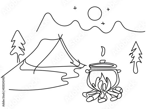 Bonfire and camping tent line art vector illustration