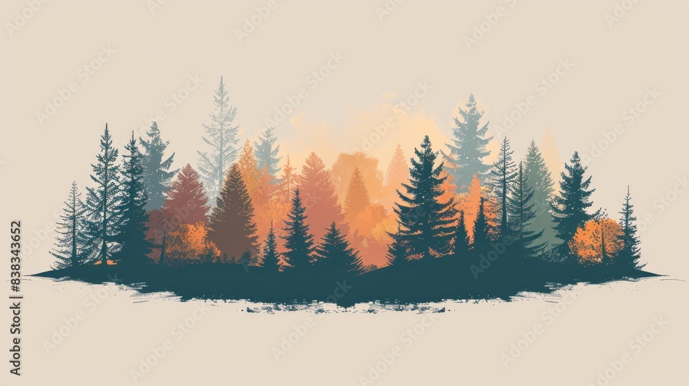 Obraz premium Digital art of a forest with various trees in autumn colors, showcasing the beauty of nature and seasonal changes in a tranquil scene.