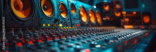 A close-up view of an audio mixing console with knobs and faders in a professional recording studio. Several studio monitors and speakers are visible in the background photo