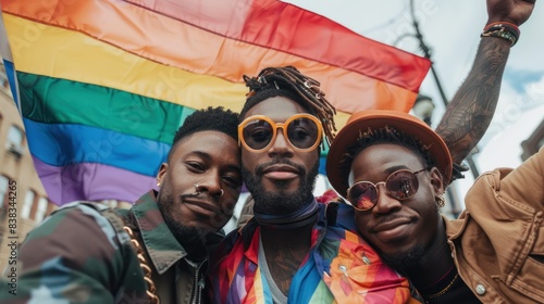 Three black LGBTQ men with flags photo