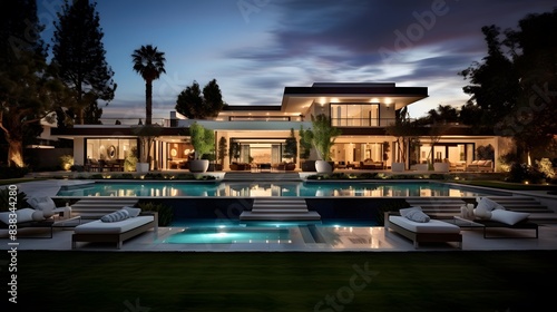 Swimming pool in a luxury house at night with clear sky. © Iman
