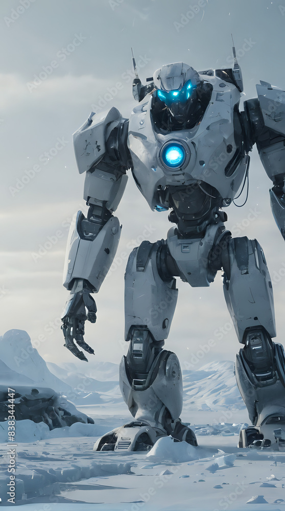 a robot that is standing in the snow a robot that is standing in the snow