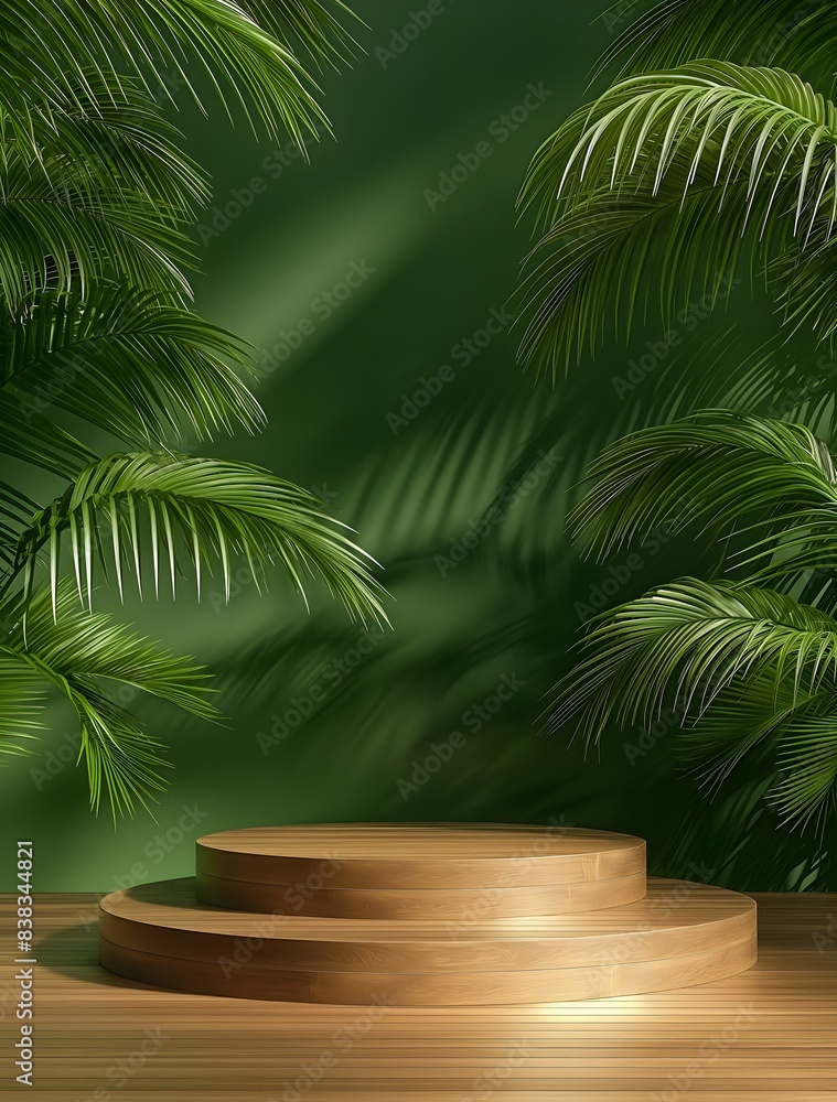 Two Tier Wooden Platform Surrounded by Palm Leaves in a Tropical Setting. Generative AI