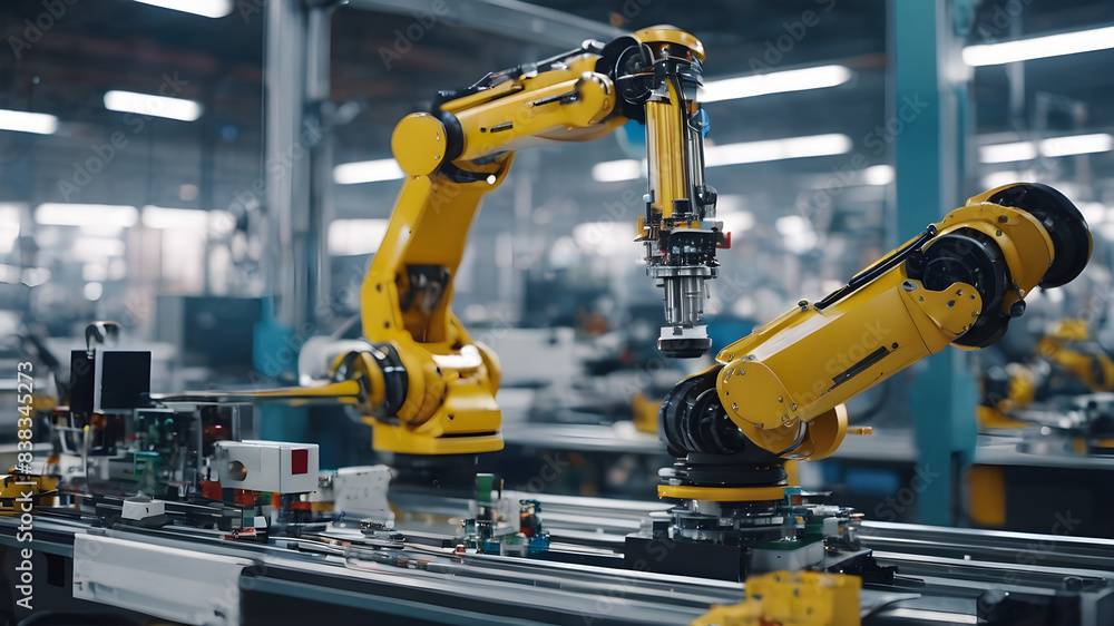 A robotic arm in a manufacturing plant, assembling electronic components with precision. The scene highlights the role of robotics in industrial automation and advanced manufacturing A robotic arm in a manufacturing plant, assembling electronic components with precision. The scene highlights the role of robotics in industrial automation and advanced manufacturing