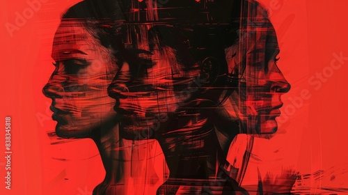 Abstract triple portrait with striking red accents Generative AI image photo