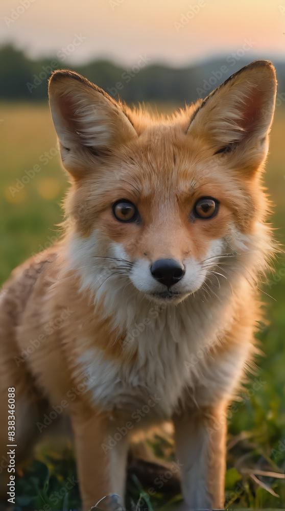 Fototapeta premium a small fox standing in the grass looking at the camera