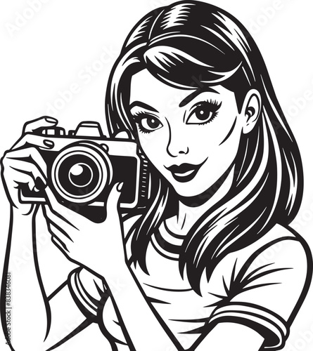 cute girl with camera illustration black and white © Rony
