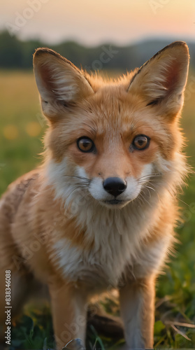 a small fox standing in the grass looking at the camera
