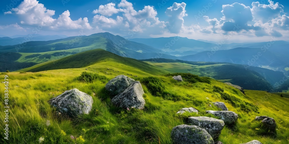 Mountain Meadow Landscape With Rocks and Blue Sky in the Carpathian Mountains. Generative AI Mountain Meadow Landscape With Rocks and Blue Sky in the Carpathian Mountains. Generative AI