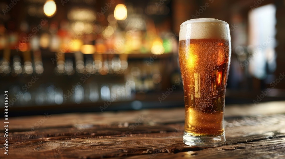 Refreshing craft beer in a pint glass on wooden bar counter Refreshing craft beer in a pint glass on wooden bar counter