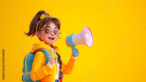 3d cute girl hold megaphone on pastel background with copy spcae . photo