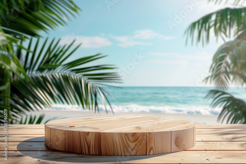 Wooden podium at tropical beach sea in summer, product advertisement mockup, generative by ai © Kainash