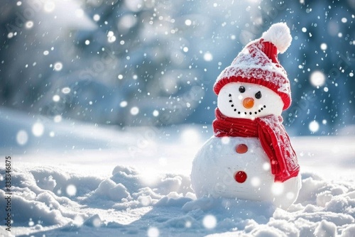 Cheerful snowman in winter wonderland with red scarf and hat © volga