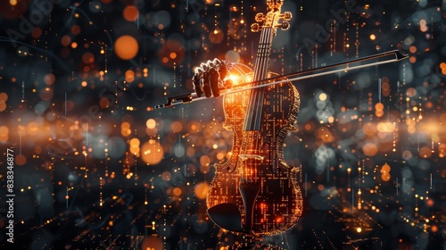 A dramatic depiction of a violin surrounded by a swirl of golden light particles, emphasizing the energy of music. photo