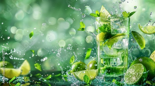 A panoramic green banner featuring copy space and a refreshing Mojito cocktail with a burst of lime and mint, Generative AI.