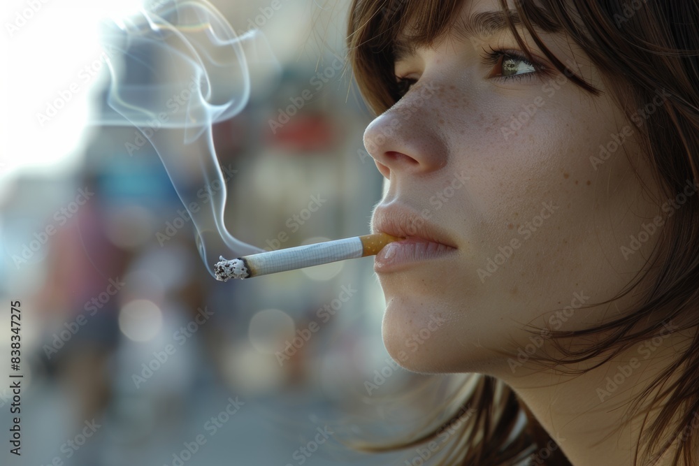 Fototapeta premium Close-up portrait of a young woman smoking a cigarette outdoors