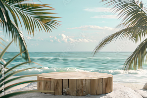 Wooden podium at tropical beach sea in summer, product advertisement mockup, generative by ai