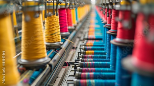 A row of colorful yarns are being spun in a factory