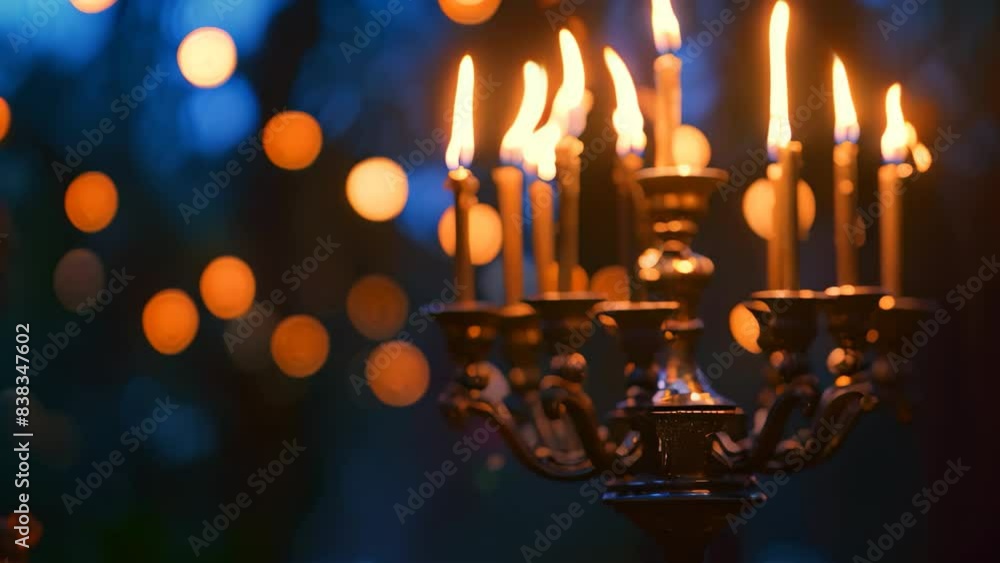 A chandelier holding numerous flickering candles, A serene Hanukkah menorah lighting ceremony A chandelier holding numerous flickering candles, A serene Hanukkah menorah lighting ceremony