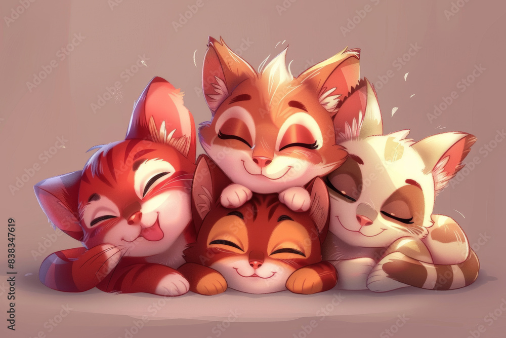 Adorable group of cartoon kittens cuddling together Adorable group of cartoon kittens cuddling together
