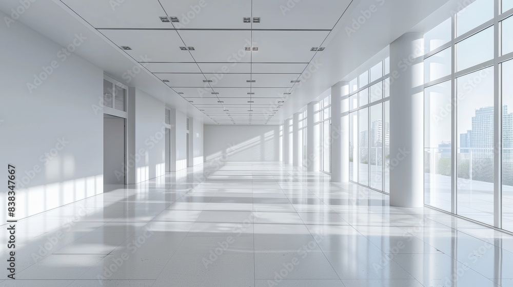Spacious Modern Office Corridor with Natural Light. A well-lit, modern office corridor featuring reflective marble floors and a series of tall windows allowing natural light to enhance the airy space. Spacious Modern Office Corridor with Natural Light. A well-lit, modern office corridor featuring reflective marble floors and a series of tall windows allowing natural light to enhance the airy space.